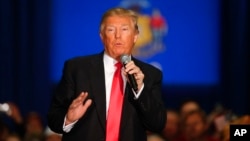Republican presidential candidate Donald Trump speaks during a campaign event, April 4, 2016, in La Crosse, Wis. 