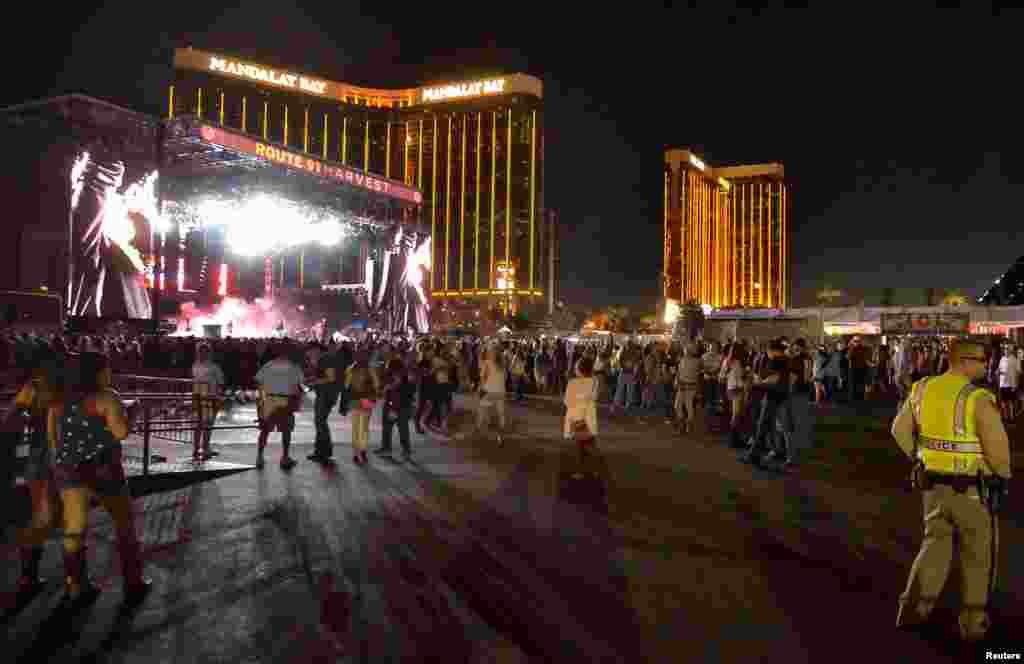 The grounds are shown at the Route 91 Harvest festival, with the Mandalay Bay Hotel behind the stage, on Las Vegas Boulevard South in Las Vegas, Nevada, Oct. 1, 2017.