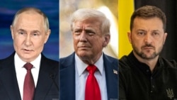 从左到右：俄罗斯总统普京、美国总统特朗普和乌克兰总统泽连斯基。