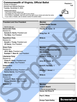 Зразок частини бюлетеня в Арлінгтоні, штат Вірджинія