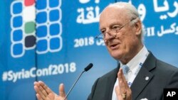 FILE - U.N. Special Envoy on Syria Staffan de Mistura addresses the media during a conference, "Supporting the Future of Syria and the Region," at the EU Council in Brussels, April 25, 2018.