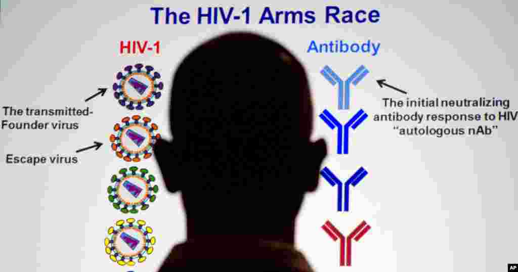 A member of the audience looks at slides during a speech given by Barton Haynes, Director of the Duke Human Vaccine Institute and the Center for HIV/AIDS Vaccine Immunology (CHAVI), July 25, 2012.
