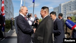 North Korean leader Kim Jong Un meets Russian President Vladimir Putin at the Vostochny Cosmodrome in the Amur Oblast of the Far East Region, Russia, Sept. 13, 2023. (KCNA via Reuters)