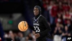 University of California, Irvine, guard Diaba Konate is one of two women who wore hijabs during their NCAA Tournament basketball games this year. UC Irvine lost this first-round game to Gonzaga University on March 23, 2024.