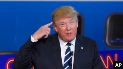 FILE - Republican presidential hopeful Donald Trump speaks during the party's debate for candidates in Simi Valley, Calif., Sept. 16, 2015.