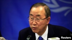 U.N. Secretary-General Ban Ki-moon speaks during a news conference at the UNMISS base in Juba, May 6, 2014. 