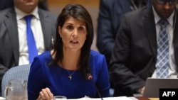 Nikki Haley, représentante permanente des Etats-Unis à l'ONU, s'adressant au Conseil de sécurité, New York, le 14 avril 2018. 