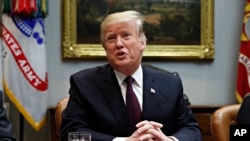 FILE - President Donald Trump speaks in the Roosevelt Room of the White House, Jan. 23, 2019.