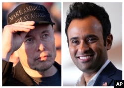 In this combination photo, Tesla and SpaceX CEO Elon Musk, left, is seen in Butler, Pennsylvania, Oct. 5, 2024, as tech entrepreneur Vivek Ramaswamy is seen in Nashua, New Hampshire, Jan. 23, 2024. Both have been tapped to head a new "Department of Government Efficiency."