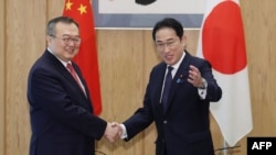 中国共产党中央对外联络部部长刘建超2024年5月29日与日本自民党总裁、首相岸田文雄会晤。（法新社）