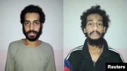 FILE - A combination picture released Feb. 9, 2018, shows Alexanda Kotey and El Shafee Elsheikh in undated handout pictures in Amouda, Syria.