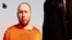 An image grab taken from a video released by the Islamic State (IS) and identified by private terrorism monitor SITE Intelligence Group purportedly shows U.S. freelance writer Steven Sotloff dressed in orange and on his knees in a desert landscape speaking to the camera before being beheaded by a masked militant (R).