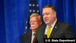 Secretary of State Mike Pompeo participates in a joint press conference with Ambassador Nikki Haley and National Security Council Advisor John Bolton, on the margins of the 73rd Session of the United Nations General Assembly, in New York City, Sept. 24, 2