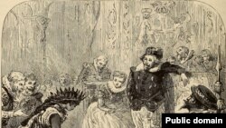 A fanciful 1875 imagining of Pocahontas' presentation in the royal British court.