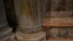The damage from the salt from floods seen at St. Mark's Basilica in Venice, Italy, Thursday, Oct. 7, 2021. Winds pushed 1.87 meters of water into Venice in November 2019. This flood, along with four others that happened over the following six weeks, caused fears in Venetians over the effects of climate change. (AP Photo/Antonio Calanni)