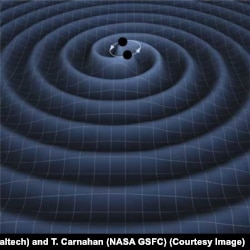 An artist's impression of two black holes circling each other, creating gravitational waves.