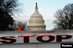 A security barricade is placed in front of the US Capitol on the first day of a partial federal government shutdown in Washington, Dec. 22, 2018.