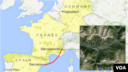 Map showing locations of Dusseldorf, Barcelona, and Barcelonnette, with a satellite inset of the crash site