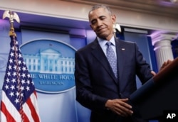 President Barack Obama turns from the podium at the conclusion of his final news conference, Jan. 18, 2017, in the Brady Press Briefing Room of the White House.