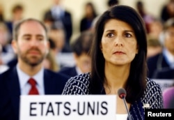 FILE - U.S. Ambassador to the United Nations Nikki Haley attends the United Nations Human Rights Council in Geneva, Switzerland, June 6, 2017.