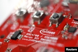 A close-up of the Infineon microcontroller kit XMC 4700 is pictured at an exhibition during the German semiconductor manufacturer Infineon's annual shareholder meeting in Munich, Feb. 21, 2019.