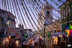 FILE - The neighborhood of Pelourinho is decorated for the World Cup in Salvador, Brazil, June 15, 2014.