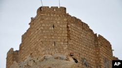 In this photo released by the Syrian official news agency SANA, a Syrian soldier holds a Syrian national flag in front of the Palmyra citadel, March 27, 2016.
