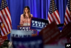 Melania Trump, husband of Republican presidential candidate Donald Trump, speaks at the Main Line Sports Center in Berwyn, Pennsylvania, Nov. 3, 2016.