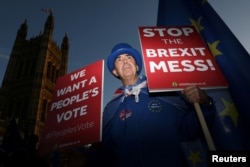 An anti-Brexit demonstrator hold placards opposite the Houses of Parliament, in London, Britain, Nov. 13, 2018.