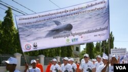 ការដើរ​ក្បួន​ក្នុង​យុទ្ធនាការ​អភិរក្ស​សត្វ​ផ្សោត​ទន្លេ​មេគង្គ​ក្នុង​ទីរួម​ខេត្ត​ក្រចេះ​ កាល​ពី​ថ្ងៃ​ទី​១០ ខែ​វិច្ឆិកា​ ឆ្នាំ​២០១៥។​ (នូវ​ ពៅ​លក្ខិណា/VOA)