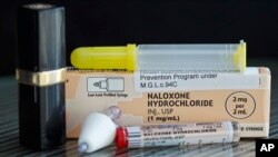 FILE - In this Feb. 27, 2012 photo, a tube of Naloxone Hydrochloride is shown for scale next to a lipstick container. Naloxone is a drug used as an antidote for opiate drug overdoses.