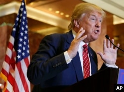 Then Republican presidential candidate Donald Trump talks about his tax plan during a news conference, Sept. 28, 2015, in New York.