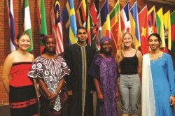 FILE - Berea College international students stand in front of the flags representing the 70 countries where they are from. (Handout photo from Berea)