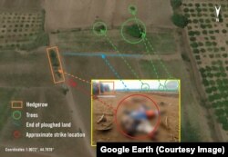 Satellite imagery depicting the location of a Nov. 12, 2017, US air strike in relation to the village of Darusalaam, Lower Shabelle. According to Amnesty International, the strike killed three farmers.