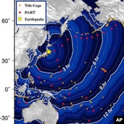 NOAA map shows estimated tsunami travel times after Japan's earthquake.
