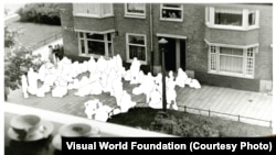 A 1943 photo showing witnesses to a police roundup of Jews in Amsterdam inspired this crime-scene image by Dávid Kovács of Szombathely’s Secondary School of Art.