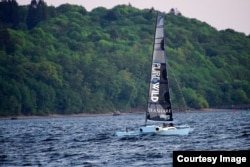 Team Pure & Wild testing their brand new proa, a type of multihull sailing vessel, on Puget Sound. (Image Credit: Team Pure & Wild)