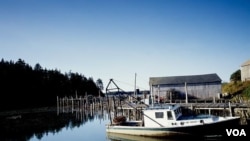 A lone lobster boad at the dock in Eastport in far-northern Maine. (Carol M. Highsmith)