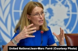 FILE - Karin de Gruijl, U.N. High Commissioner of Refugees spokeswoman, April 14, 2014.