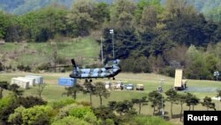 A Terminal High Altitude Area Defense (THAAD) interceptor (right) is seen in Seongju, South Korea, April 26, 2017.