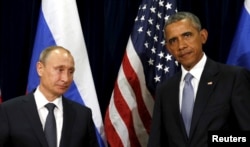 FILE - U.S. President Barack Obama and Russian President Vladimir Putin meet at the United Nations General Assembly in New York, Sept. 28, 2015.