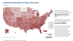 This map from the National Association of Realtors shows the percentage of African Americans who owned their home in 2019 in each US state. (Courtesy National Association of Realtors)
