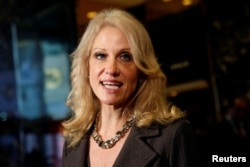 FILE - Kellyanne Conway, campaign manager and senior advisor to the Trump Presidential Transition Team, speaks to the media at Trump Tower in New York, Nov. 16, 2016.