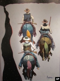 'Along The Pecos,' by Thom Ross, depicts Pat Garrett leading his deputies, John Poe and Kip McKinney, along the Pecos River at night during their pursuit of Billy the Kid.