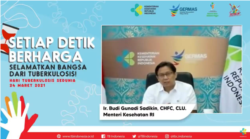 Menkes Budi Gunadi Sadikin dalam tangkapan layar dalam acara Puncak Perayaan Hari Tubekolosis Sedunia tahun 2021 di Jakarta, Rabu (24/3) mengatakan pengalaman penanganan COVID-19 bisa diaplikasikan untuk penanggulangan TB.