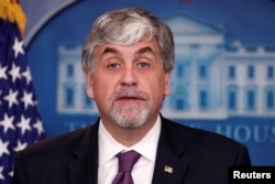 FILE - U.S. acting Secretary of Health and Human Services (HHS) Eric Hargan addresses reporters during the daily news briefing at the White House in Washington, Nov. 30, 2017.