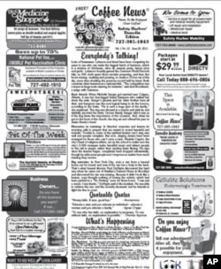 Coffee News contains light content, surrounded by neighborhood ads.