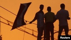 Protesters opposing Egyptian President Mohamed Morsi stand on top of an electric tram column and wave Egyptian flags during a protest in front of the presidential palace in Cairo, July 1, 2013.