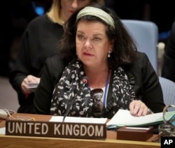 United Kingdom Ambassador Karen Pierce address a meeting of the U.N. Security Council on Yemen, Oct. 23, 2018, at U.N. headquarters.