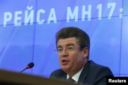 Oleg Storchevoy, deputy head of Russian Federal Aviation Agency Rosaviatsiya, is seen speaking at a news conference on the downing of Malaysian Airlines flight MH17, in Moscow, Russia, July 16, 2015.